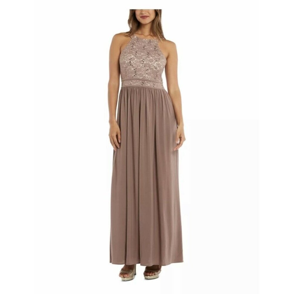 R & M Collection Taupe Gown Sleeveless Halter Maxi Evening Fit + Flare Dress 8
